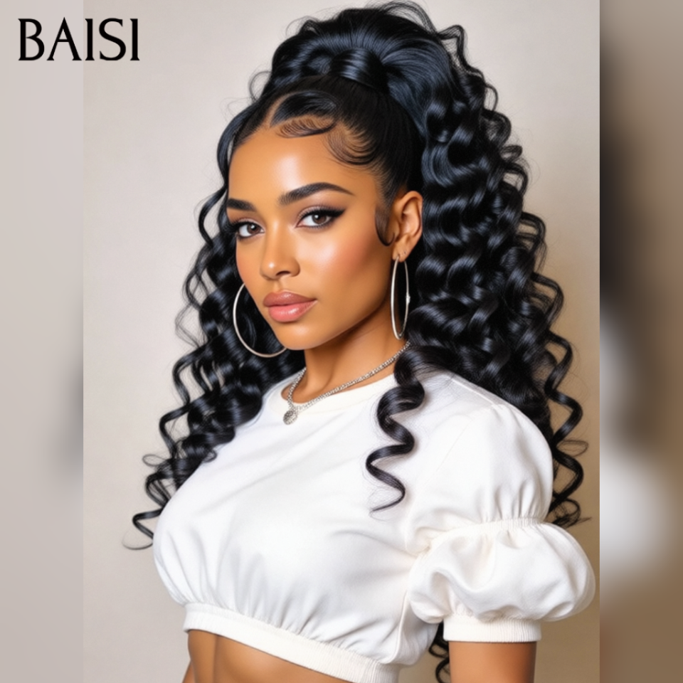 BAISI 13x4 Lace Frontal Perruque Naturelle Wave 22 Pouces avec coiffure tressée natte En couleur NOIR Déjà Coiffée comme la photo en 100% Cheveux Humains