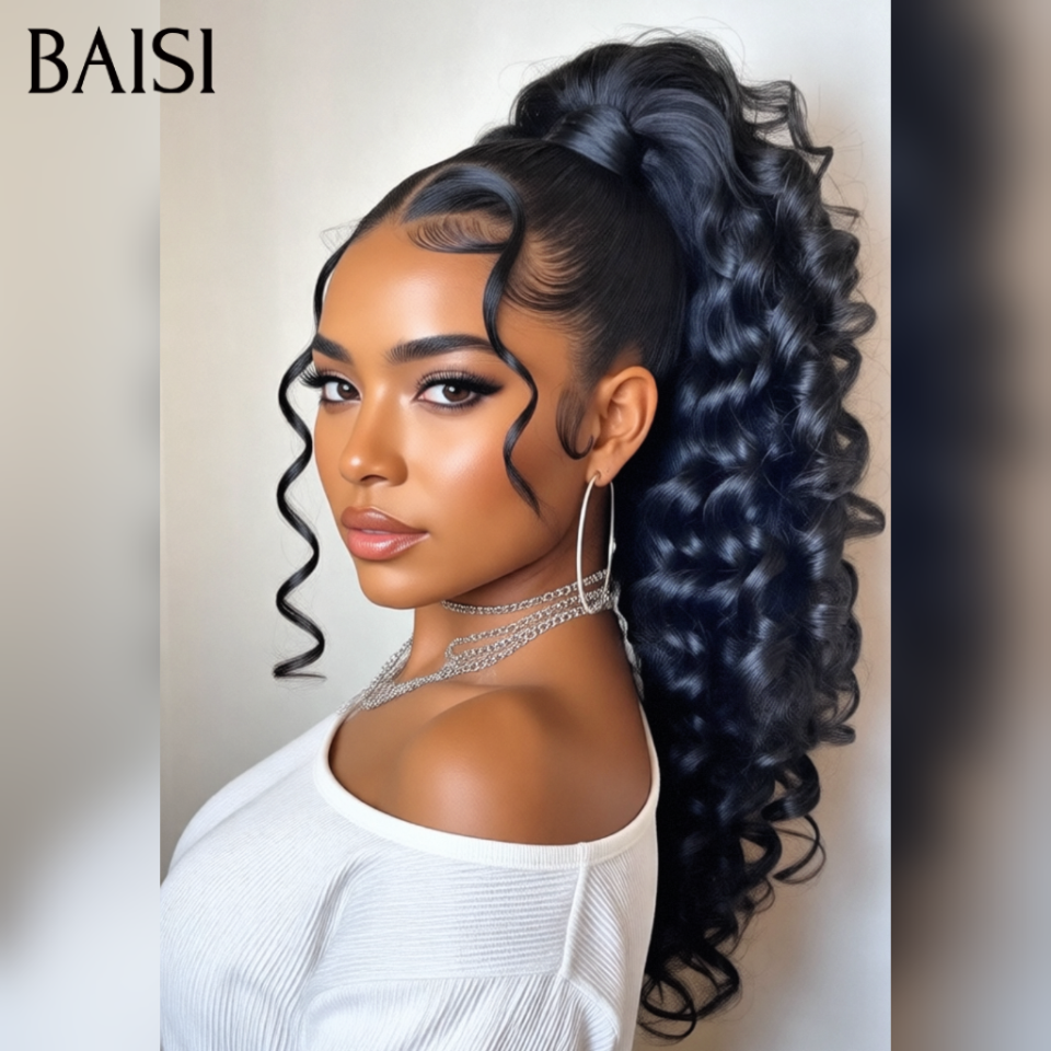 BAISI 13x4 Lace Frontal Perruque Naturelle Wave 22 Pouces avec coiffure tressée natte En couleur NOIR Déjà Coiffée comme la photo en 100% Cheveux Humains
