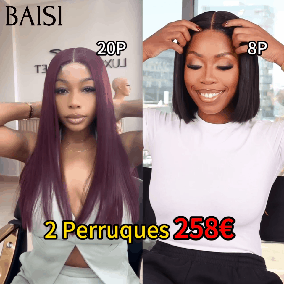 BAISI 2 Perruques 258€ 2X6 lace de luxe 100% Vietnam hair Lisse 2 Couleurs NOIR 8 Pouces ou 99J# 20Pouces en 100% Cheveux Humains BS65