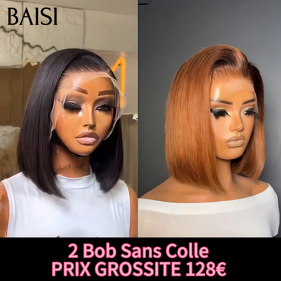 BAISI Promo 2 Perruques 128€ BOB PRIX GROSSITE sans Colle 13x4 lace frontal Lisse 10 Pouces 2 couleurs noir et Marron en 100% Cheveux Humains