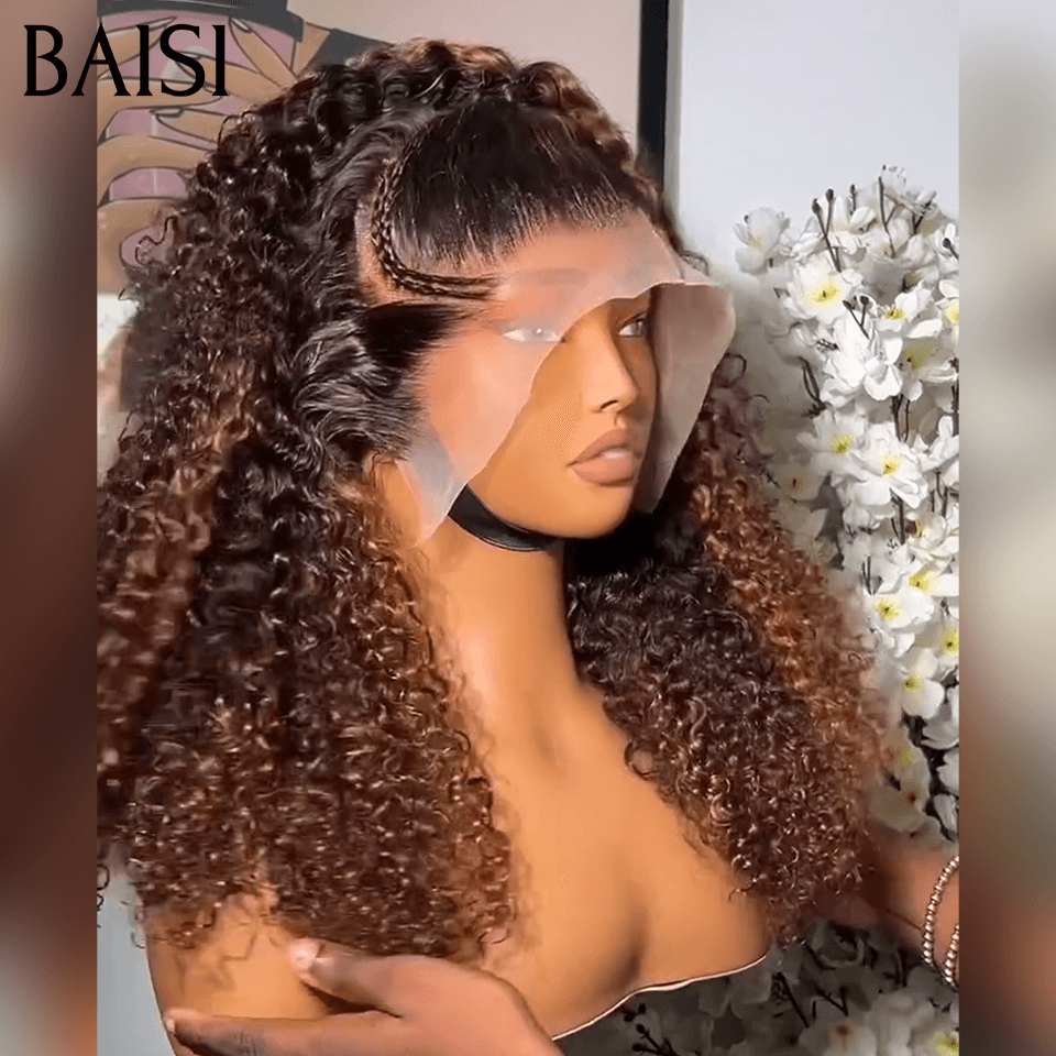 BAISI 13X4 lace perruque kinky curly Petite natte frisé frontale lace 18 pouces en Couleur marron 4#mix30# 100% cheveux humains FR38