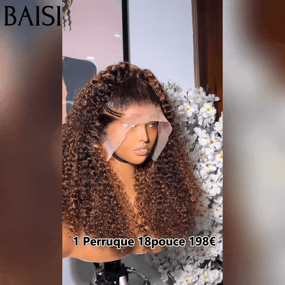 BAISI 13X4 lace perruque kinky curly Petite natte frisé frontale lace 18 pouces en Couleur marron 4#mix30# 100% cheveux humains FR38