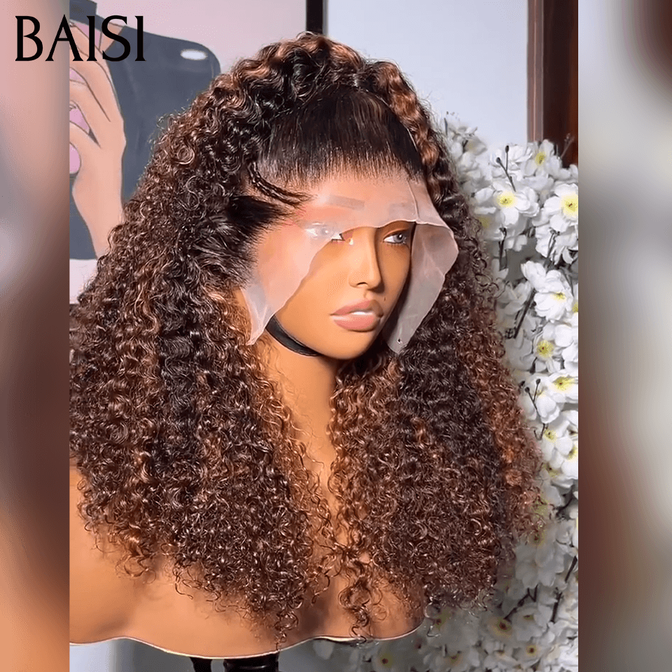 BAISI 13X4 lace perruque kinky curly Petite natte frisé frontale lace 18 pouces en Couleur marron 4#mix30# 100% cheveux humains FR38