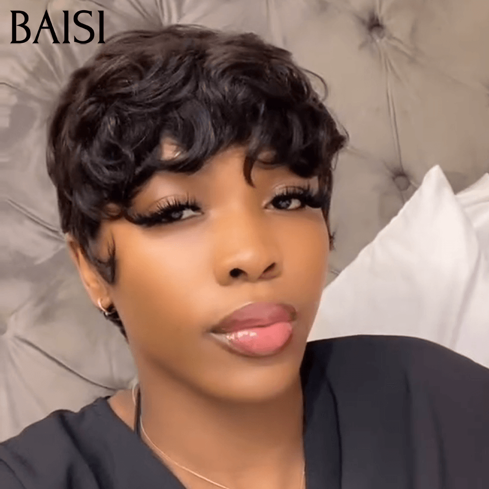 BAISI Perruque Pixie bouclé petite coupe Mixte brun Couleur 68€ ou Noir 6 pouces 58€ Moitié Prix En 100% Cheveux Humains MP50