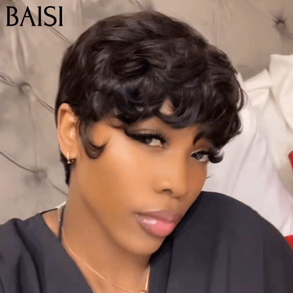 BAISI Perruque Pixie bouclé petite coupe Mixte brun Couleur 68€ ou Noir 6 pouces 58€ Moitié Prix En 100% Cheveux Humains MP50