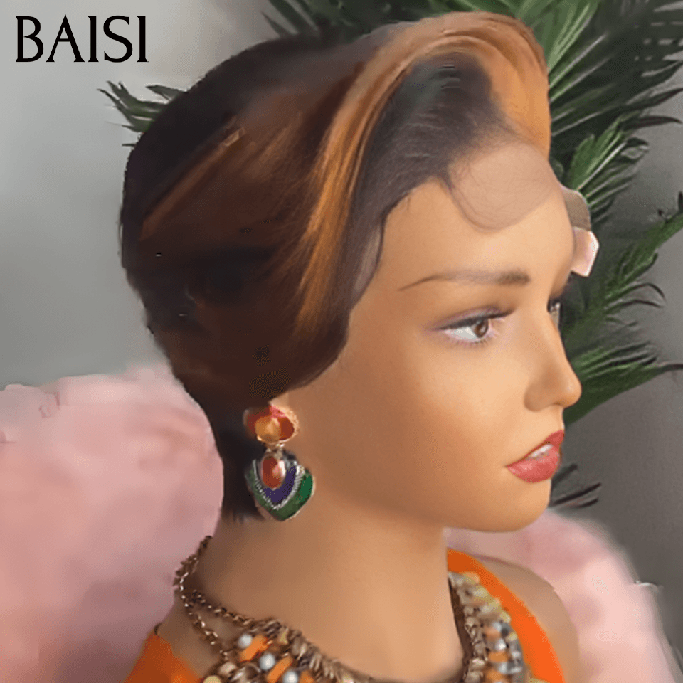 BAISI Perruque Pixie bouclé petite coupe Noir 6 pouces 59€ ou 13X4 pixie Lisse 1B#Mix30# 78€ ou blonde 613# 89€ En 100% Cheveux Humains