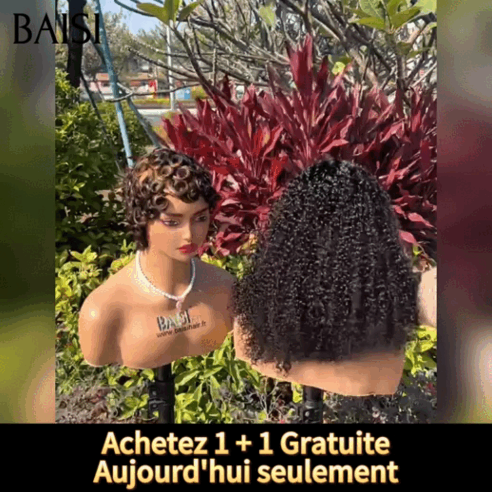 BAISI Achetez 1 + 1 Gratuite=129€ 13x4 lace frontal curly wave et pixie finger wave Mixte Miel en 100% Cheveux Humains