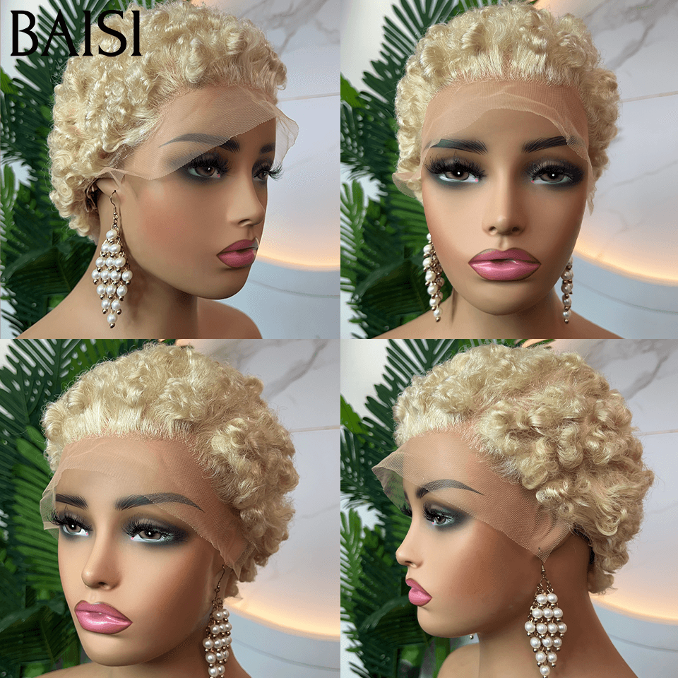 BAISI 13X4 lace frontal pixie curly 45€ NOIR ou 109€ Perruque en Couleur blonde 613# en 100% Cheveux Humains FR38