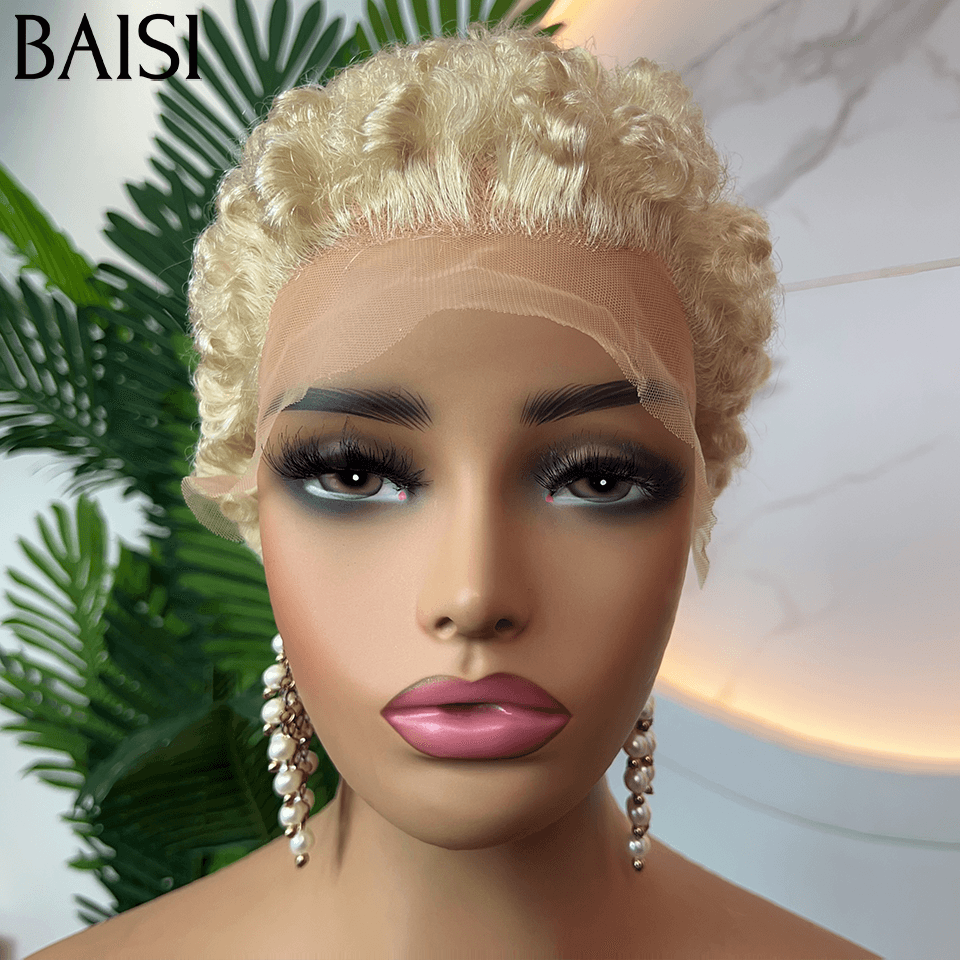 BAISI 13X4 lace frontal pixie curly 45€ NOIR ou 109€ Perruque en Couleur blonde 613# en 100% Cheveux Humains FR38