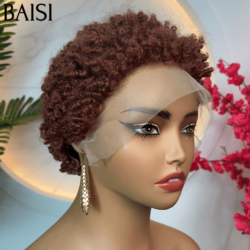 BAISI 13X4 lace pixie curly wave Marron 56€ ou afro curly 98€ Perruque en Couleur 33# en 100% Cheveux Humains FR38