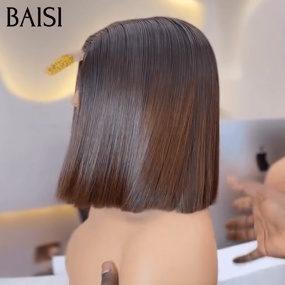 BAISI Achetez 2 perruques minimum au prix d'usine fournisseur 13X4 Lace Perruque pixie curly en 100% Vrais Cheveux Humains ou 2x6 Lisse bob 8 Pouces En Couleur Marron(Pas Besoins De Code)