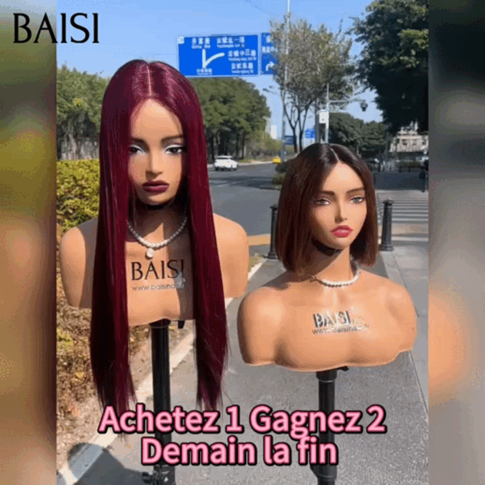 BAISI Achetez 1 + 1 Gratuite=169€ 13x4 lace frontal Lisse NOIR 20 Pouces et Lisse BOB 8 Pouces Marron 1BT4# en 100% Cheveux Humains