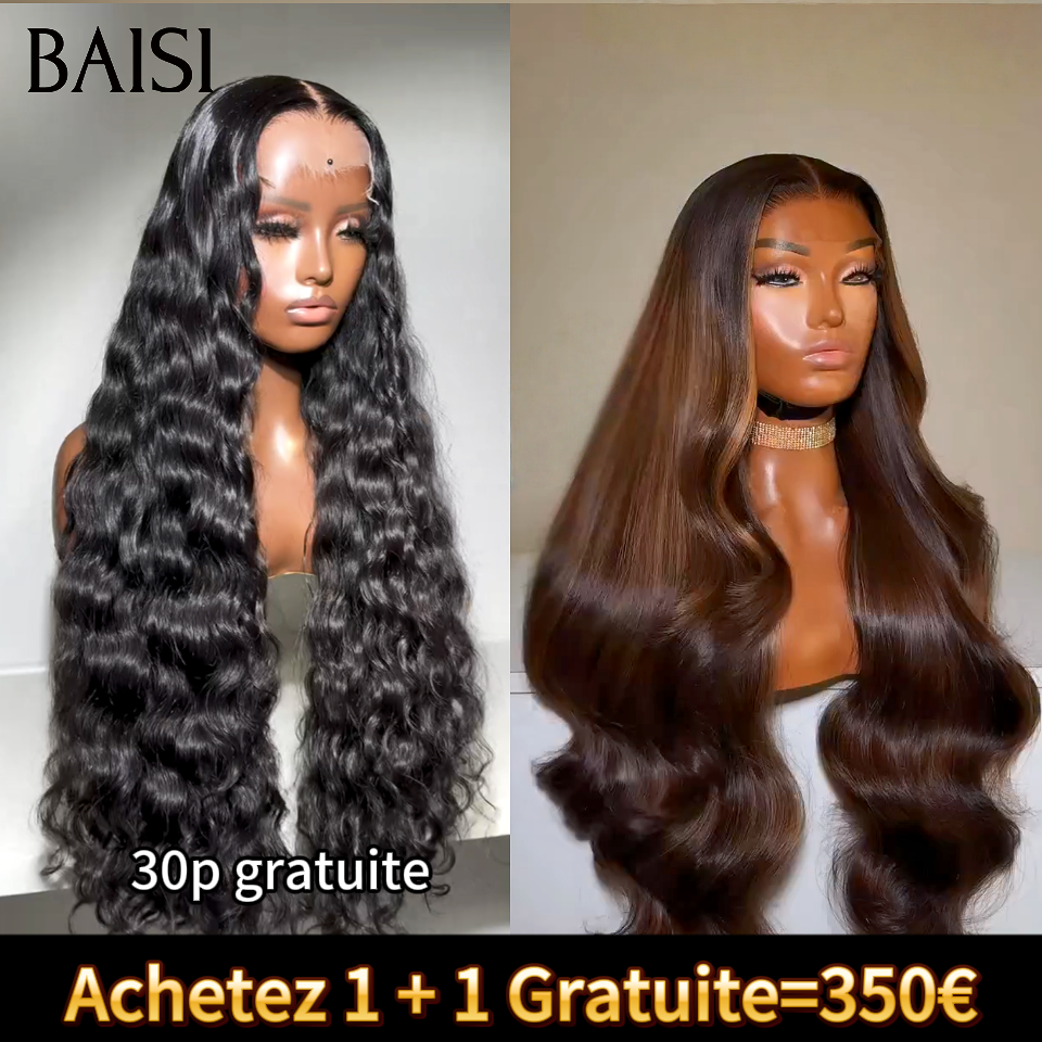 BAISI Achetez 1 + 1 Gratuite=350€ 13x4 lace frontal deep wave 30 Pouces NOIR et Body wave Marron 1BT4# en 100% Cheveux Humains