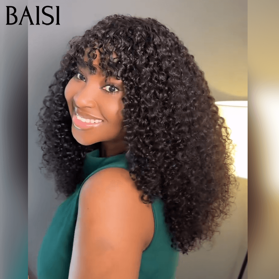 BAISI Peruca encaracolada curly wave com franja 12 polegadas Sem cola Sem lace na cor PRETO em 100% cabelo humano BS65