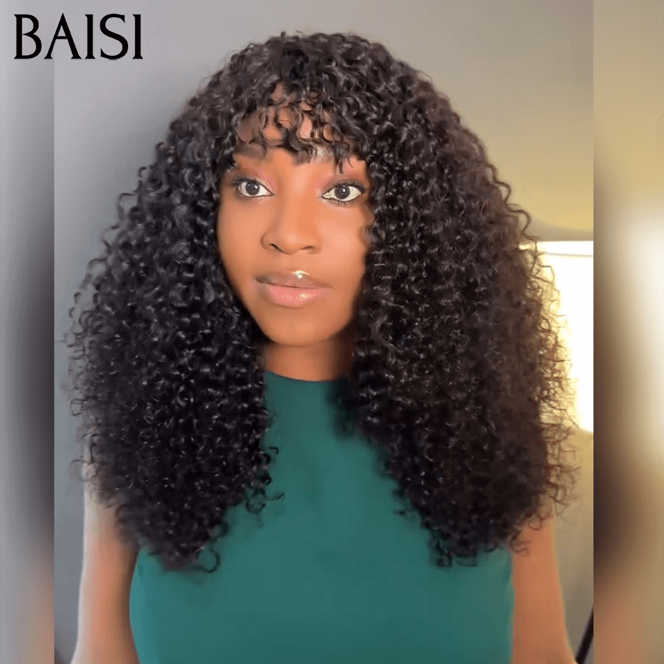 BAISI Peruca encaracolada curly wave com franja 12 polegadas Sem cola Sem lace na cor PRETO em 100% cabelo humano BS65