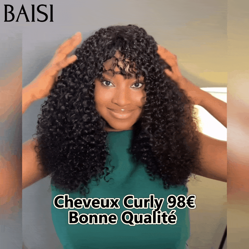 BAISI Perruque Bouclée curly Wave avec Frange 12 Pouces 250% densité Sans Colle Sans lace en Couleur NOIR 98€ en 100% Cheveux Humains BS65