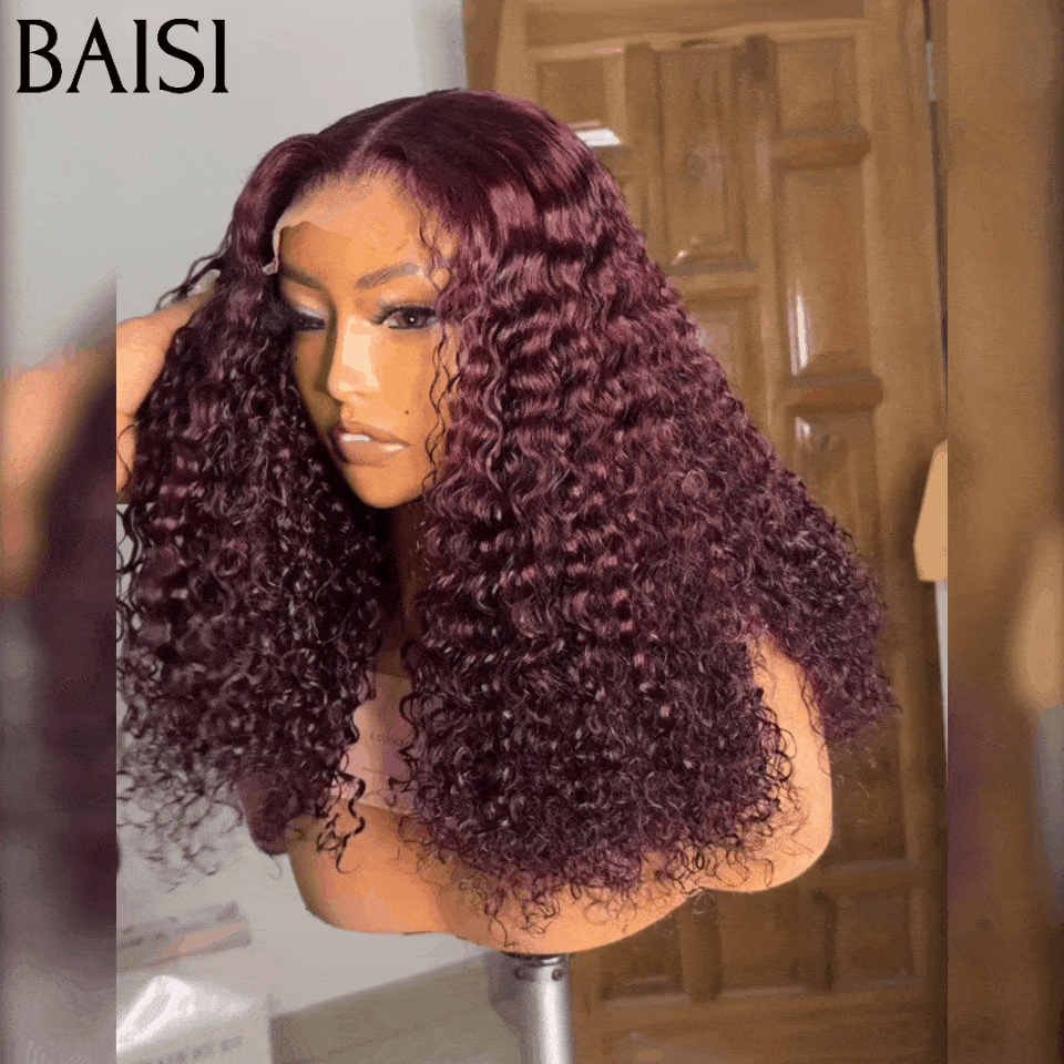 BAISI Achetez 2 perruques minimum au prix d'usine fournisseur 4x4 Perruque 14 pouces water Wave Rouge Bordeaux 99J (Pas Besoins De Code)