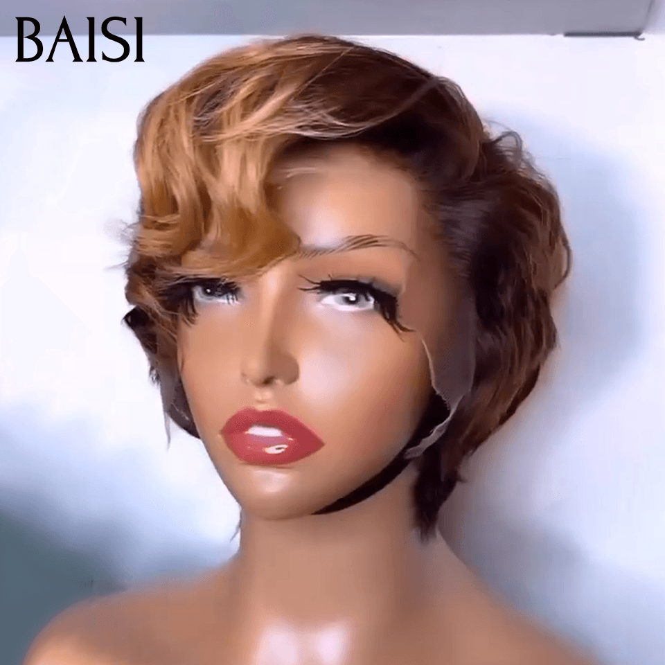 BAISI 13X4 lace Perruque Pixie vague Coiffure 6 Pouces Couleurs personnalisées 88€ en 100% Cheveux Humains FR38