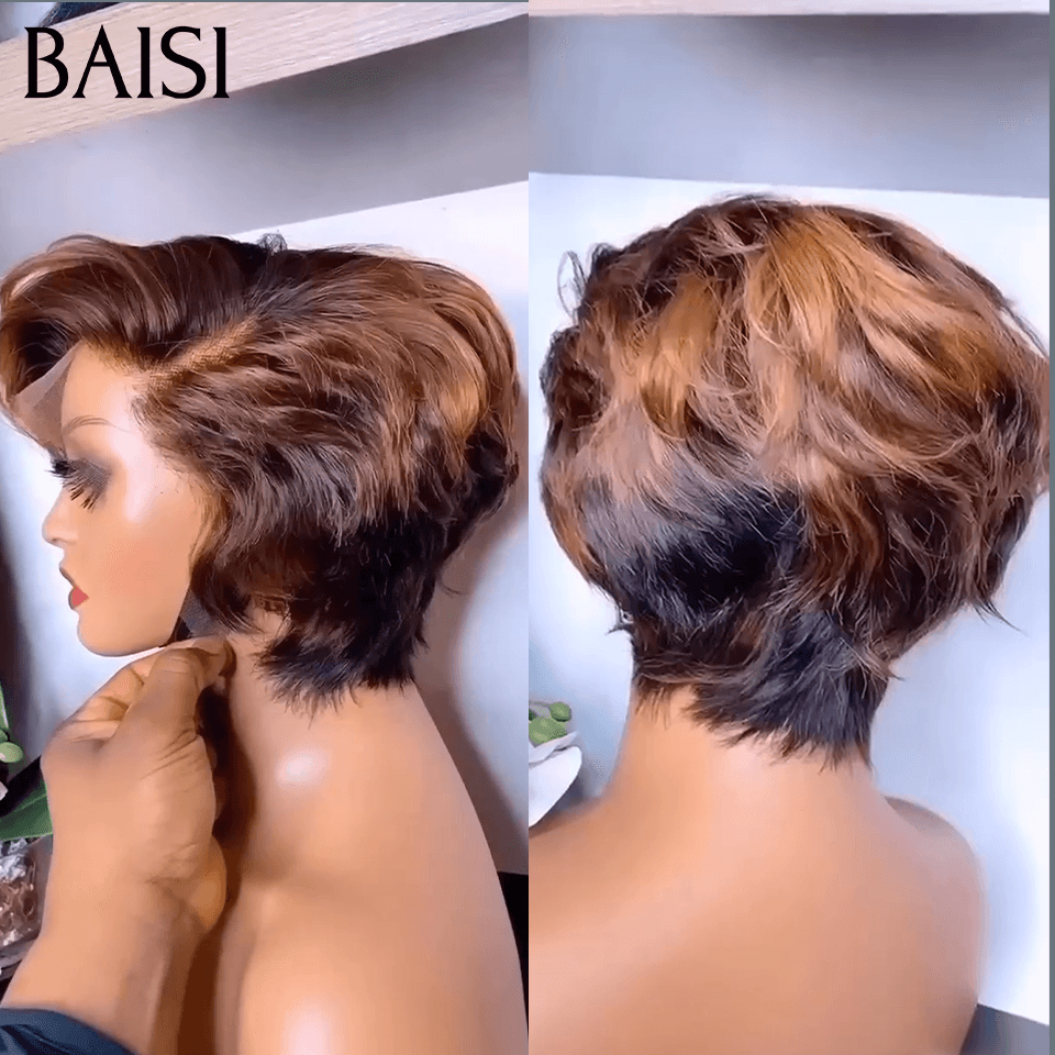 BAISI 13X4 lace Perruque Pixie vague Coiffure 6 Pouces Couleurs personnalisées 88€ en 100% Cheveux Humains FR38