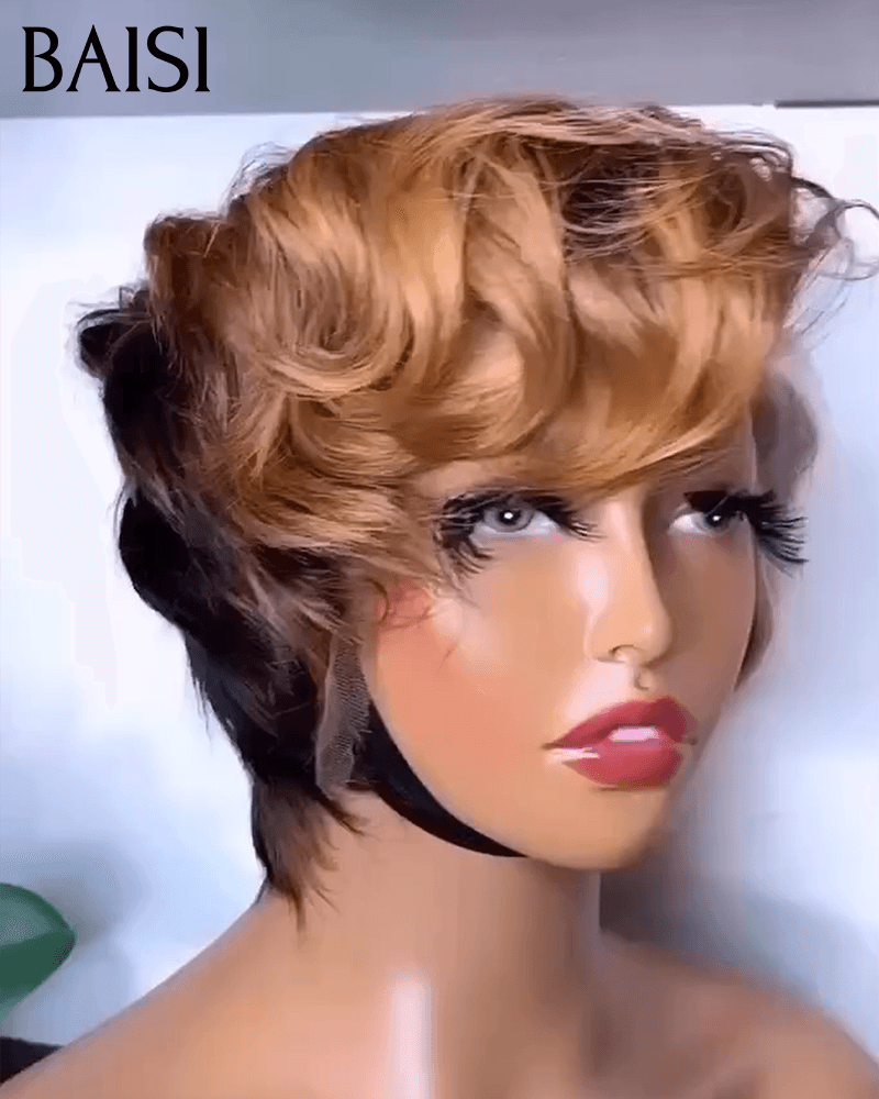 BAISI 13X4 lace Perruque Pixie vague Coiffure 6 Pouces Couleurs personnalisées 88€ en 100% Cheveux Humains FR38