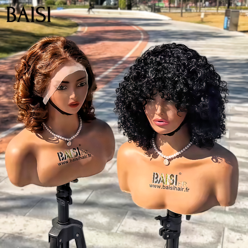 BAISI Perruque nouveau produit Moitié prix 300% densité curly wave avec Frange 14 Pouces ou 13x4 lace frontal Egg wave Marron 14 Pouces 119€ 100% cheveux humains