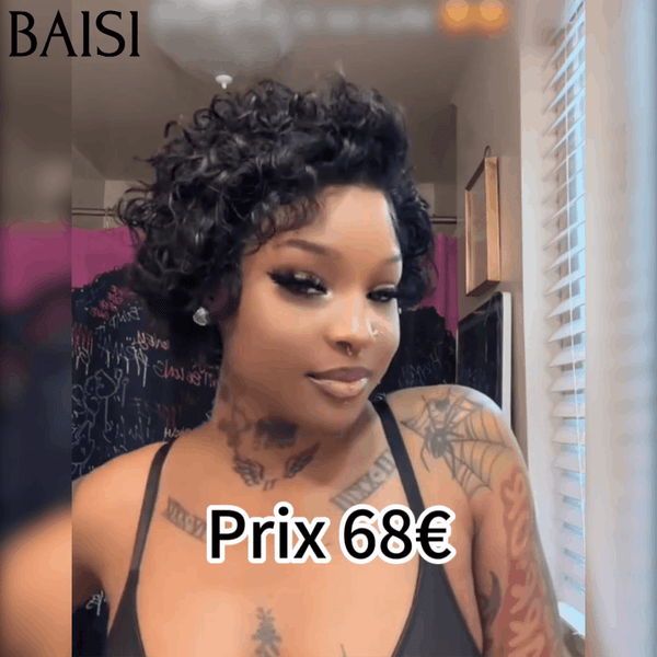 BAISI PROMOTION Année 2025 Moitié Prix 68€ Perruque T Part lace pixie Lisse NOIR en 100% Cheveux Humains MP50