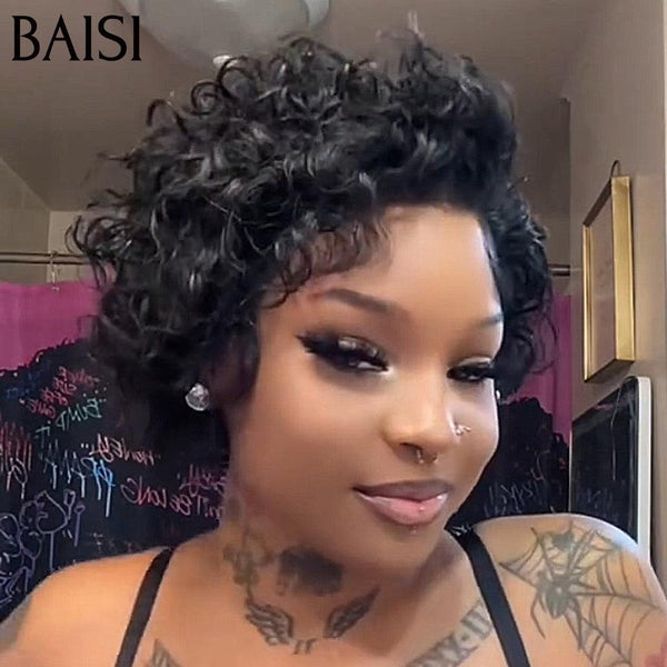 BAISI PROMOTION Année 2025 Moitié Prix 68€ Perruque T Part lace pixie Lisse NOIR en 100% Cheveux Humains MP50