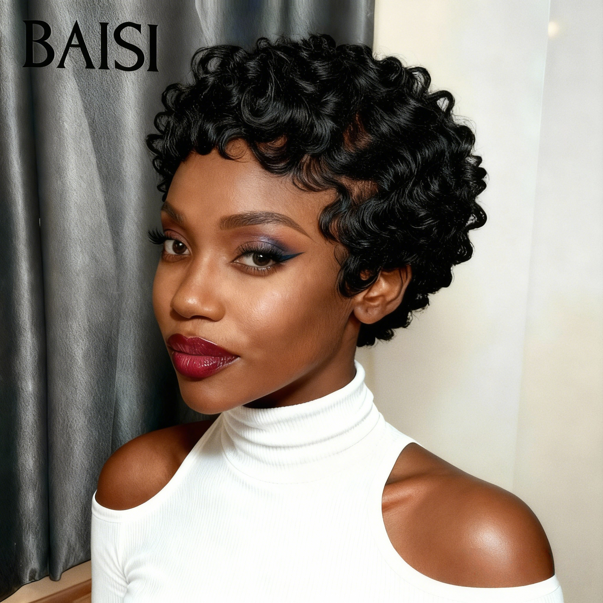 BAISI Perruque chioma Pixie Finger Wave petite coupe fabriqué à la machine 100% comme indiqué sur la photo couleur naturelle En 100% Cheveux Humains