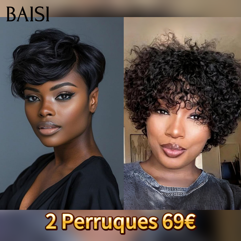BAISI Promo en France 2 Perruques 69€ pixie PRIX GROSSITE pixie curly avec Frange sans Colle et lace frontal pixie en 100% Cheveux Humains