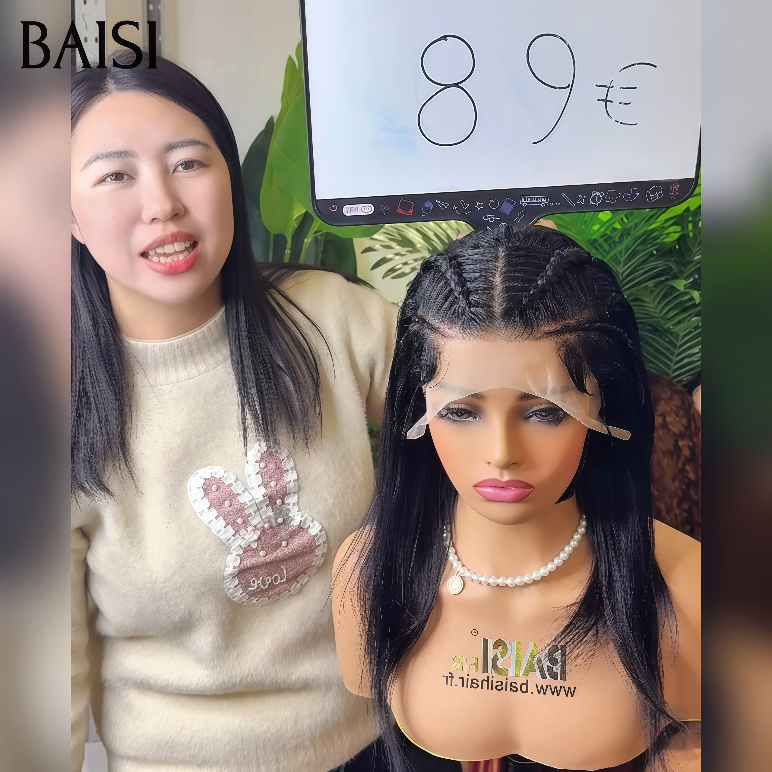 BAISI 13x4 lace frontal Perruque Lisse avec coiffure tressée natte noir 14 Pouces 89€ en 100% Cheveux Humains