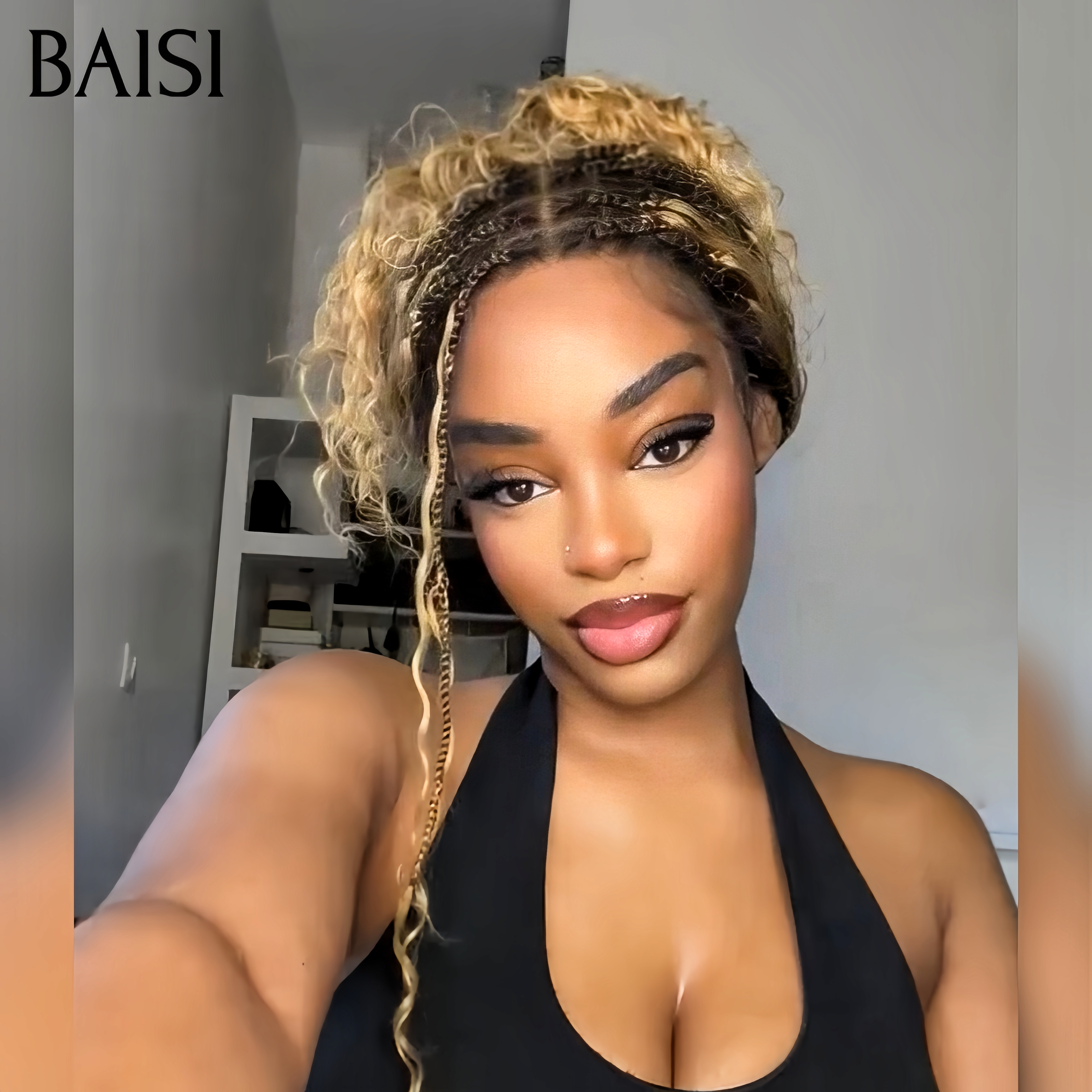 BAISI 13x4 lace frontal Perruque Coiffure curly wave avec coiffure tressée natte en couleur Miel en 100% Cheveux Humains