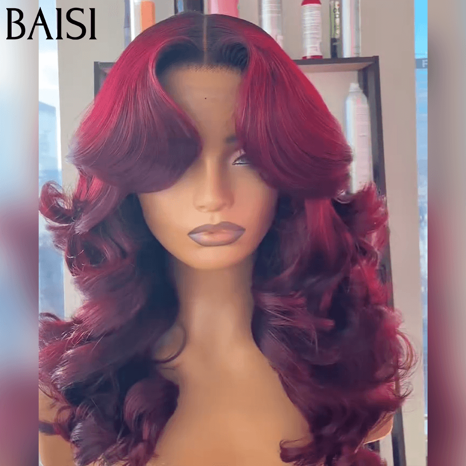 BAISI 13X4 Lace Frontal Perruque Bouclée Wave 16 pouces 136euro en couleur 99J# En 100% Cheveux Humains
