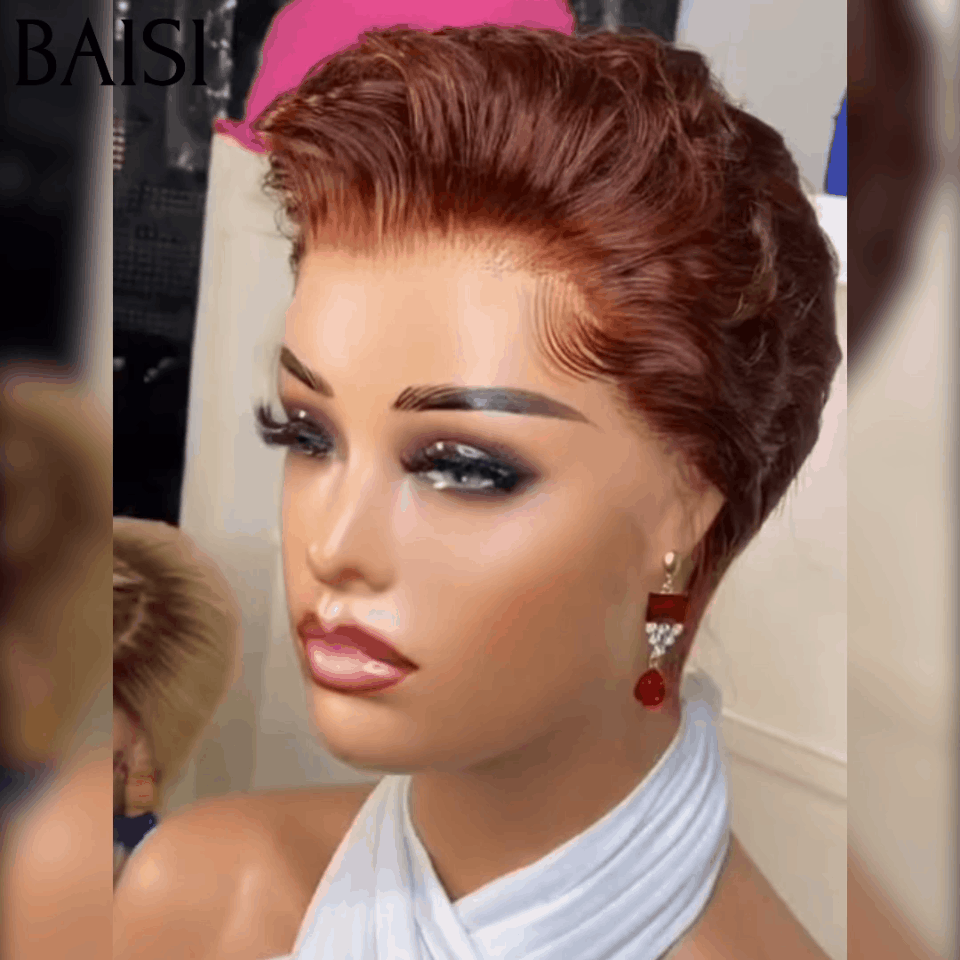 BAISI 13X4 Lace Frontale Pixie Coiffure à la Mode Marron 4# 68€ et Perruque Pixie Finger Wave petite coupe fabriqué à la machine 49€ En 100% Cheveux Humains FR20