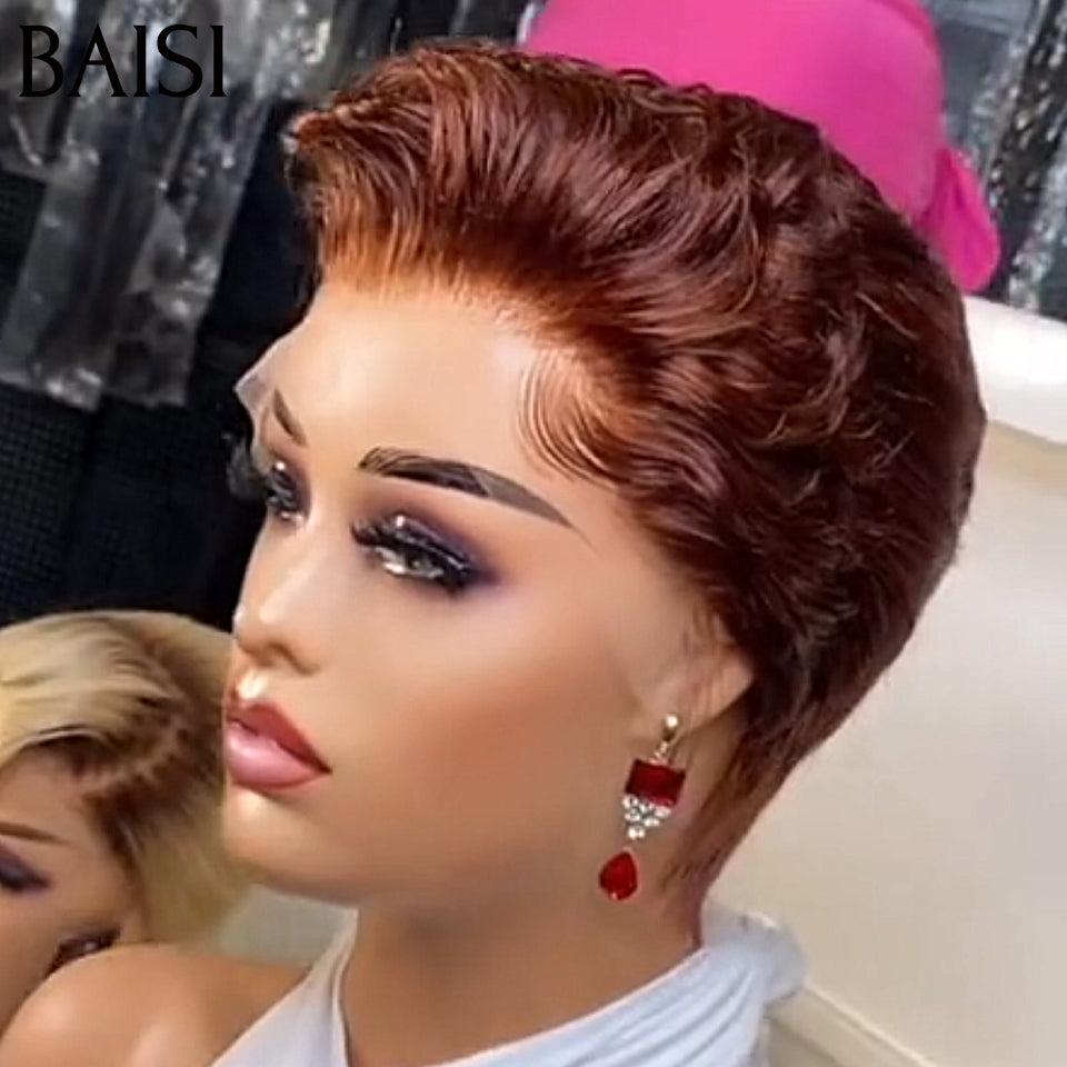 BAISI 13X4 Lace Frontale Pixie Coiffure à la Mode Marron 4# 68€ et Perruque Pixie Finger Wave petite coupe fabriqué à la machine 49€ En 100% Cheveux Humains FR20