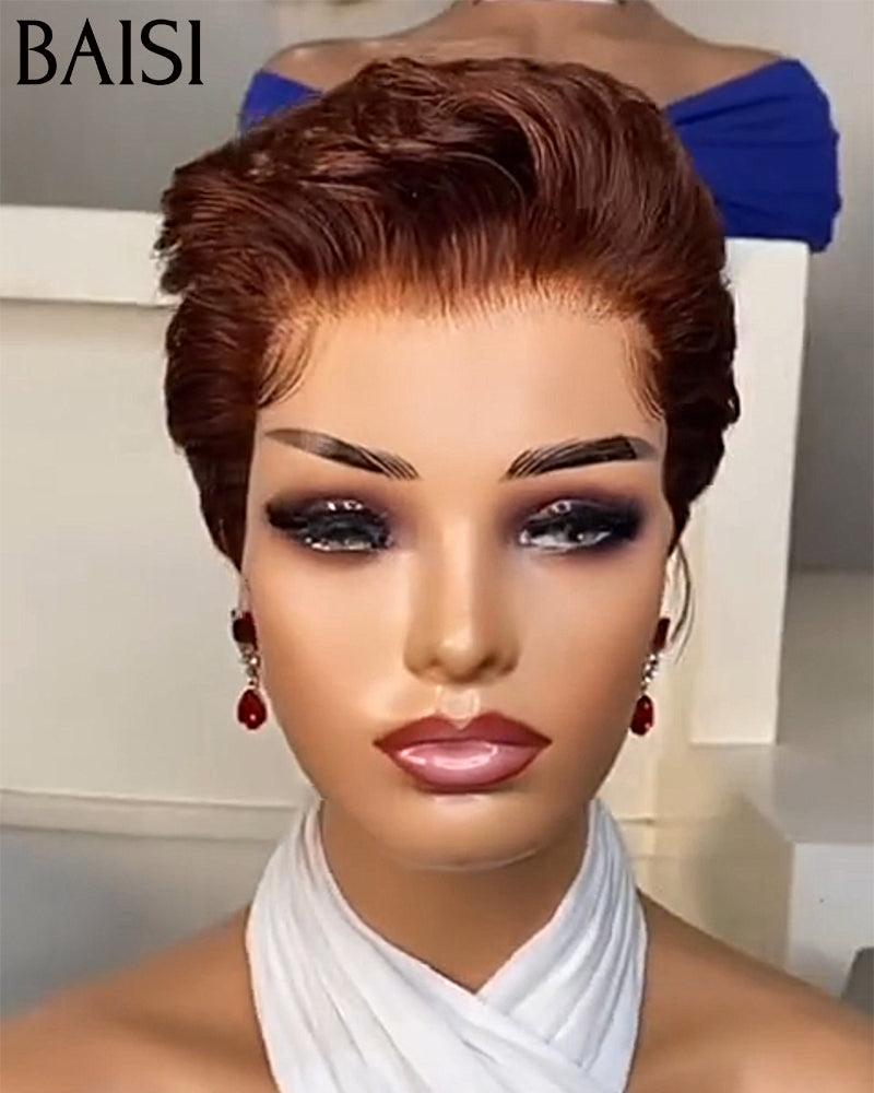 BAISI 13X4 Lace Frontale Pixie Coiffure à la Mode Marron 4# 68€ et Perruque Pixie Finger Wave petite coupe fabriqué à la machine 49€ En 100% Cheveux Humains FR20