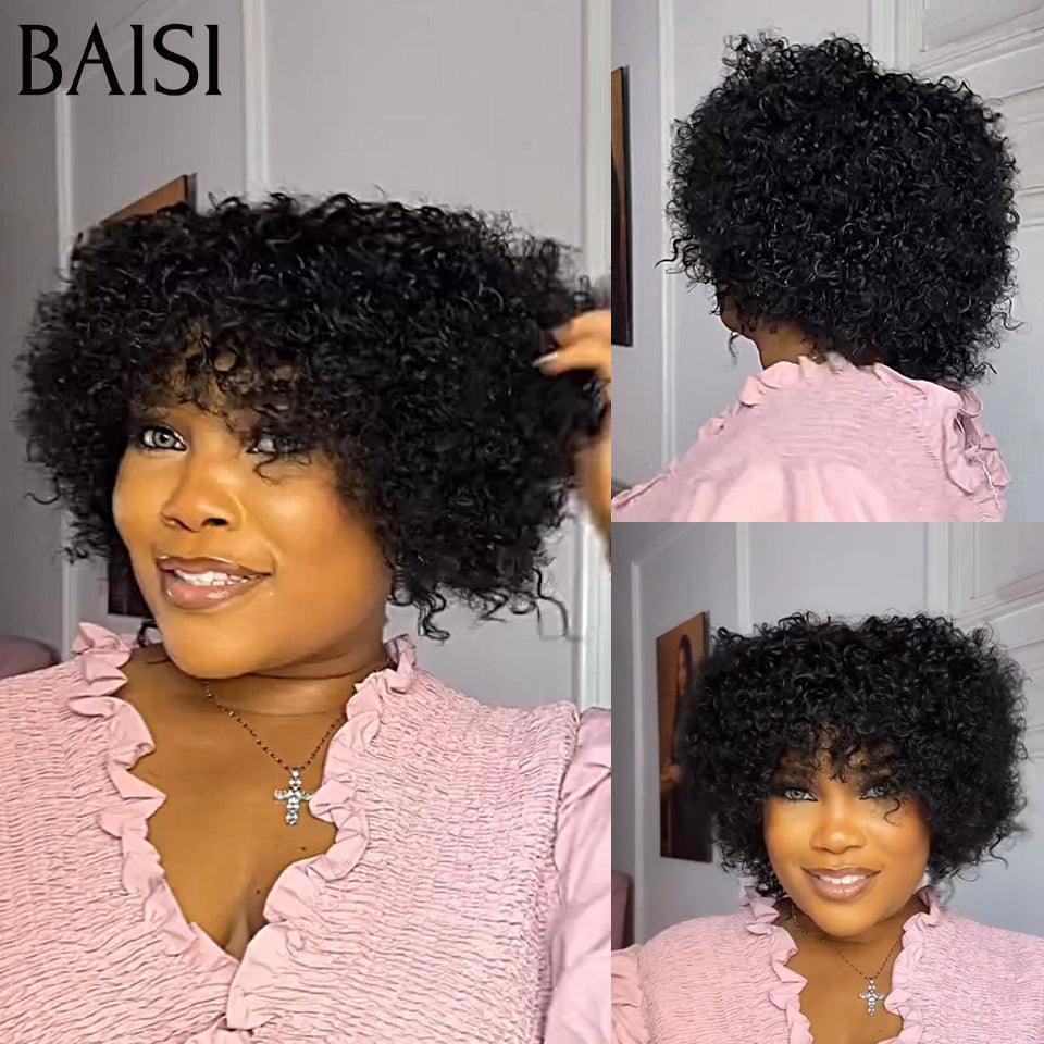BAISI Prix 68€ Perruque Pixie Afro curly bouclé Noir sans colle 100% Cheveux Humains Fabriqué à la Machine BS65