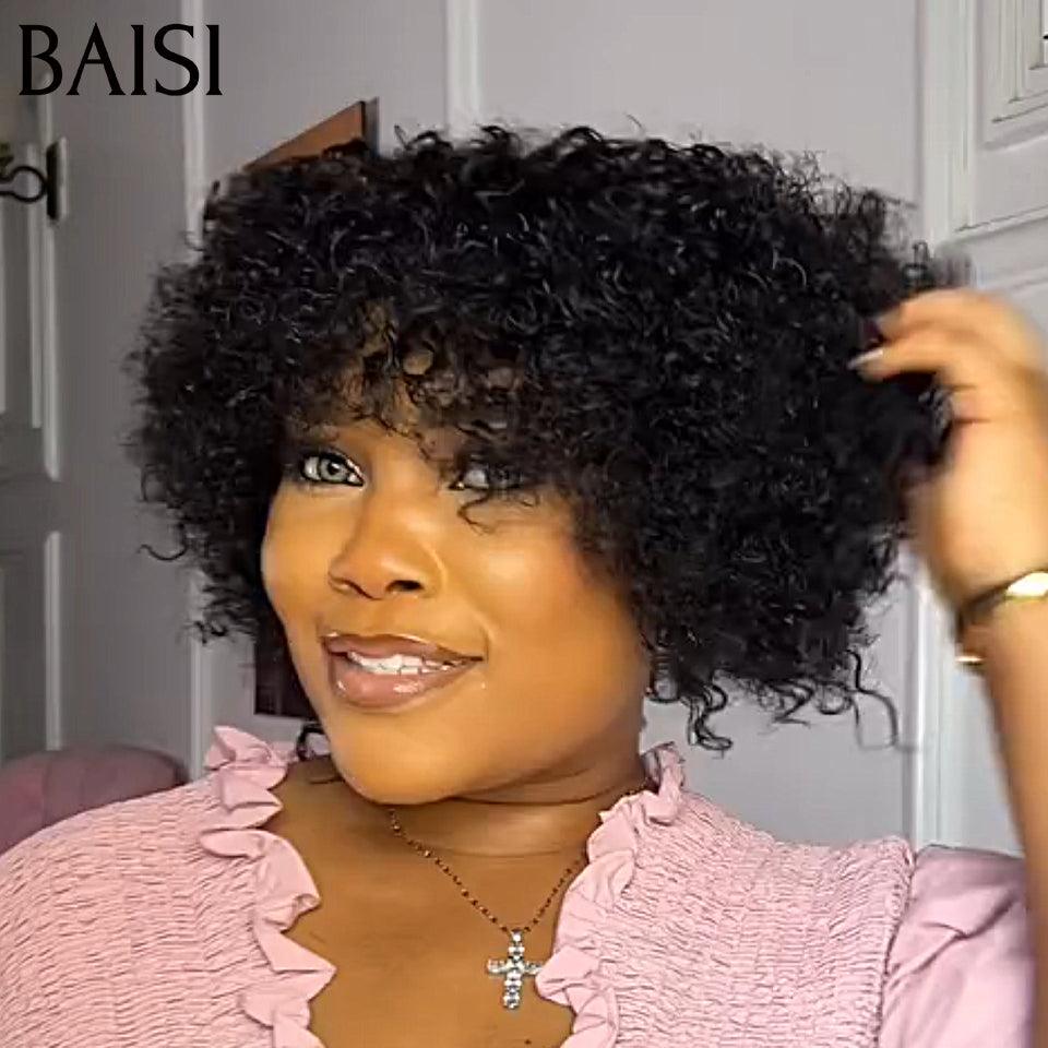 BAISI Prix 68€ Perruque Pixie Afro curly bouclé Noir sans colle 100% Cheveux Humains Fabriqué à la Machine BS65