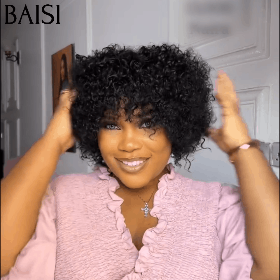 BAISI Prix 68€ Perruque Pixie Afro curly bouclé Noir sans colle 100% Cheveux Humains Fabriqué à la Machine BS65