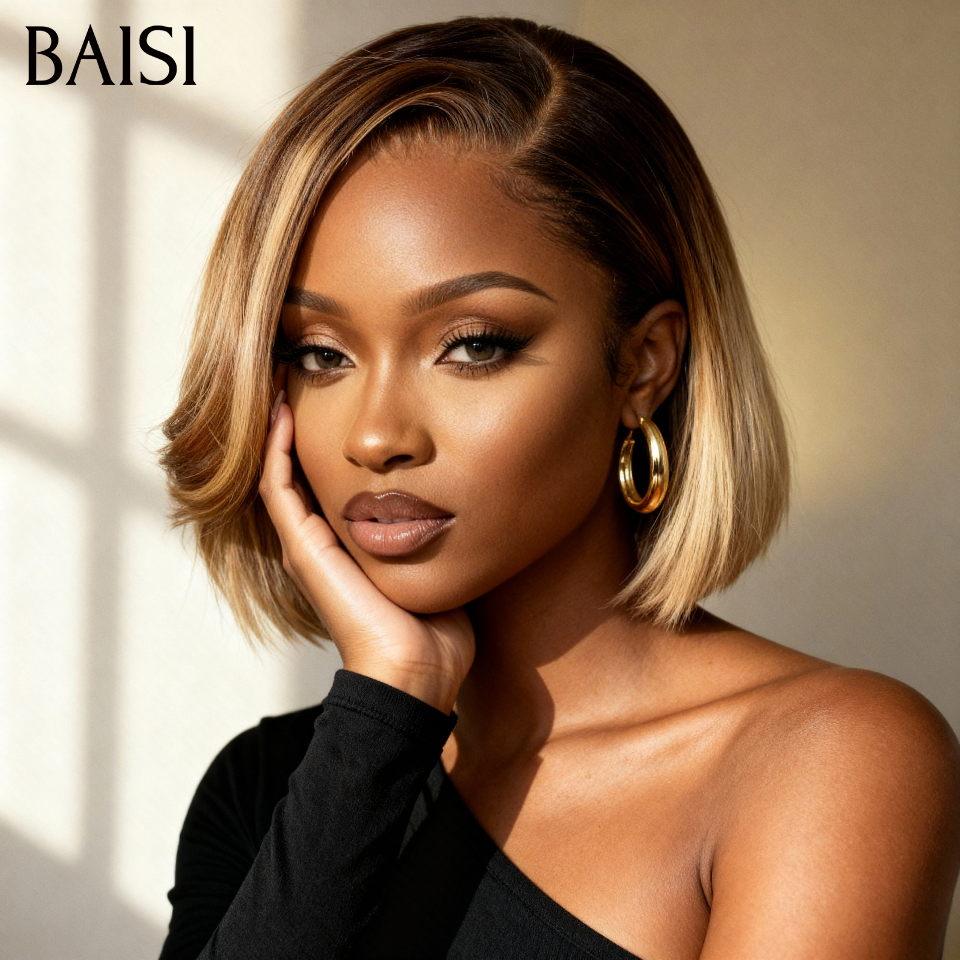 BAISI 13X4 lace frontal Perruque Pixie Bouclée Couleurs Mixte 4/27# 12 Pouces en 100% Cheveux Humains FR38