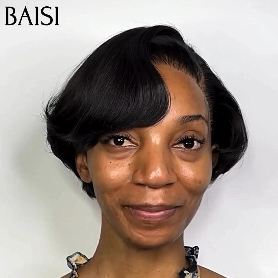BAISI sem lace Peruca pixie lisa preta 48€ metade do preço ou lace 13x4 lisa em 100% cabelo humano MP50