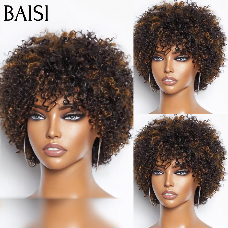 BAISI Prix 83€ Perruque Pixie Afro curly en couleur noir mix miel sans colle 100% Cheveux Humains Fabriqué à la Machine BS65