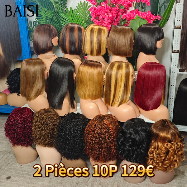 BAISI PRIX GROSSITE Promo 2 Perruques 129€ BOB lace frontal noir et Marron mixte curly wave 10 Pouces en 100% Cheveux Humains
