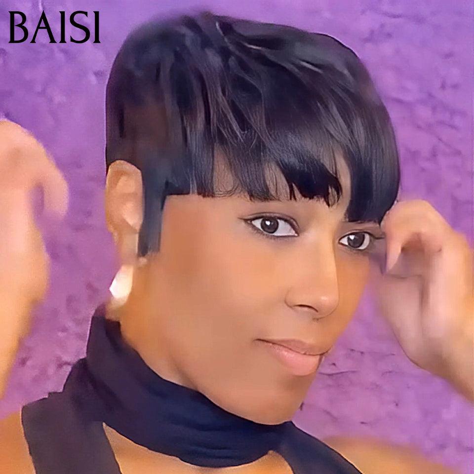 BAISI Achetez 2 perruques minimum au prix d'usine fournisseur Perruque lisse noir pixie F-026 100% Cheveux Humains Fabriqué à la Machine ( pas besoin de code)