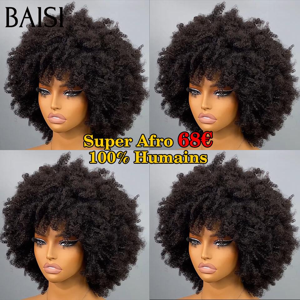 BAISI Prix 68€ Perruque Pixie Afro avec Frange en couleur noir sans colle 100% Cheveux Humains Fabriqué à la Machine BS65