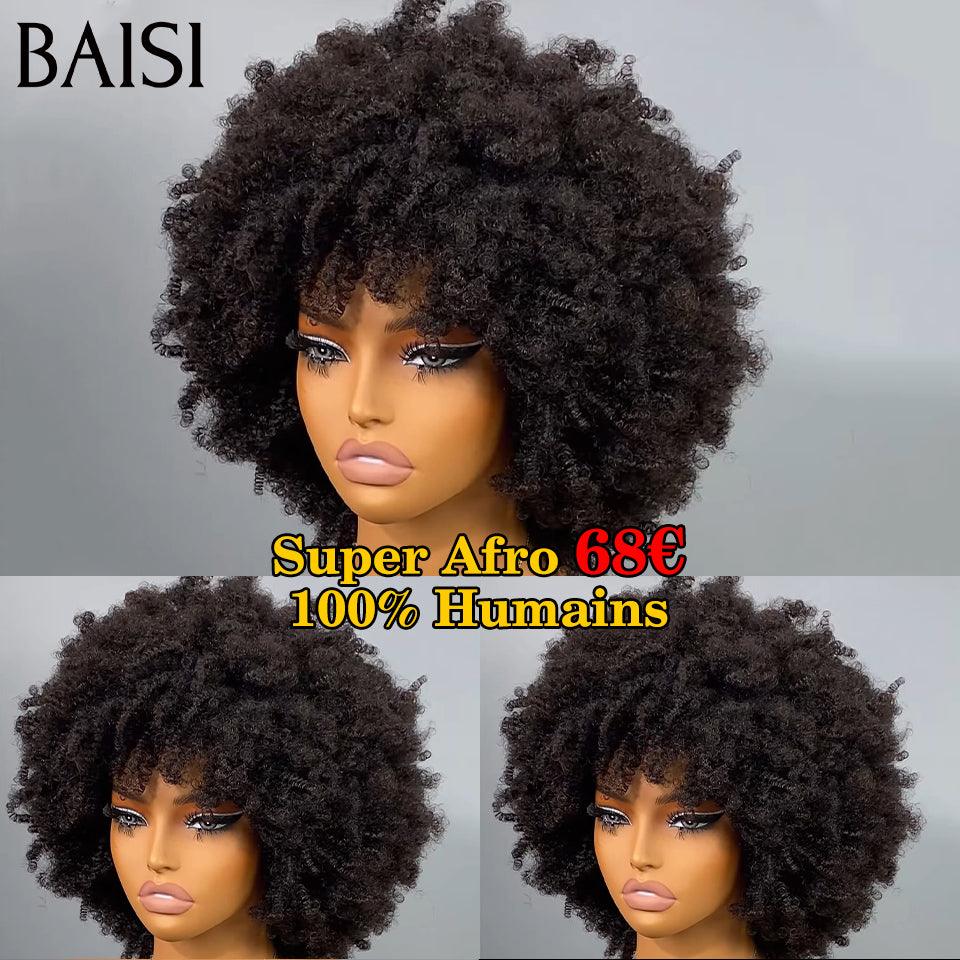BAISI Prix 68€ Perruque Pixie Afro avec Frange en couleur noir sans colle 100% Cheveux Humains Fabriqué à la Machine BS65