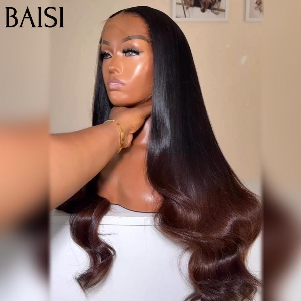 BAISI 13x4 Frontal-Körperwellen-Perücke in Braun #1B4, vorgezupft, kein Kleber erforderlich, aus 100 % Rohhaar, Spitze bereits geschnitten