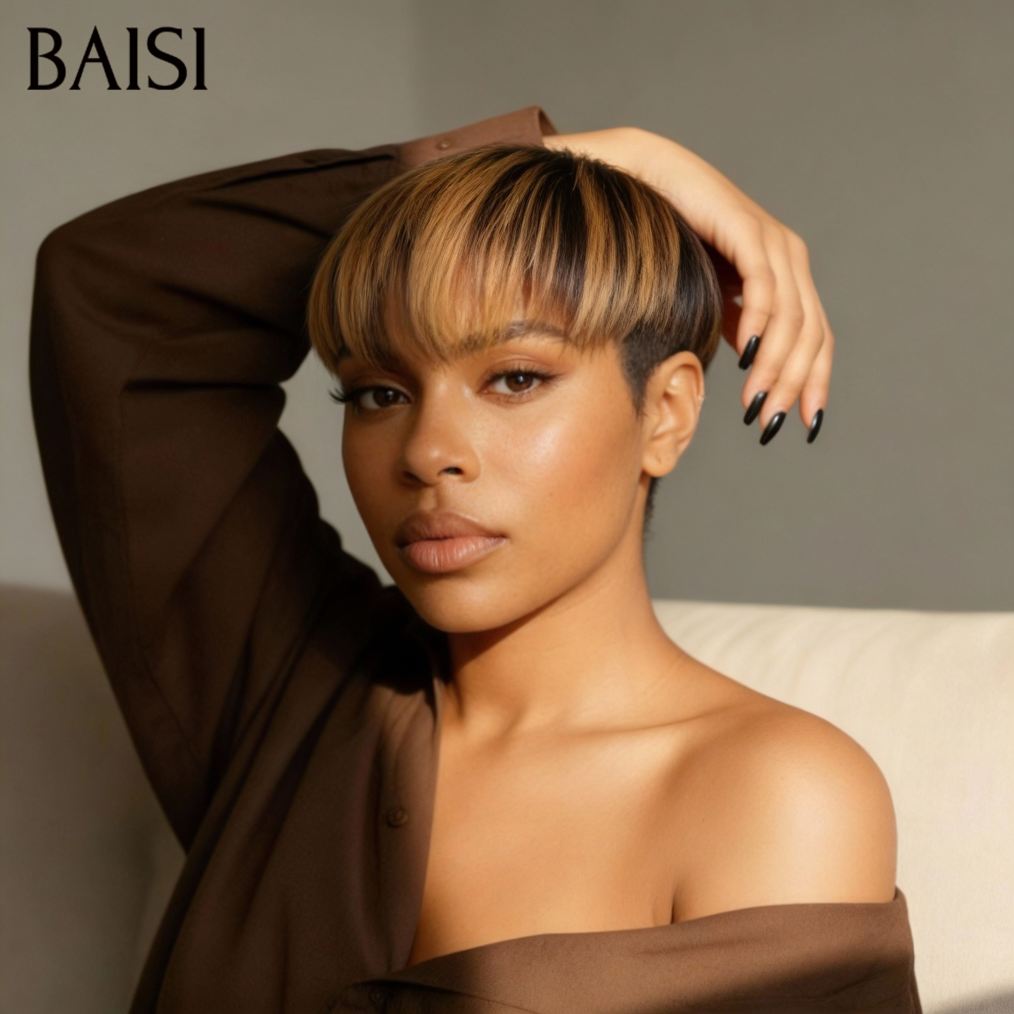 BAISI Perruque pixie lisse sans lace Fabriqué à la Machine Promotion 45€ en couleur mixte en 100% Cheveux Humains