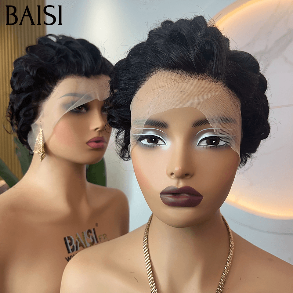 BAISI Achetez 2 perruques minimum au prix d'usine fournisseur Perruque noir pixie 13X4 lace finger wave NOIR 100% Cheveux Humains ( pas besoin de code)