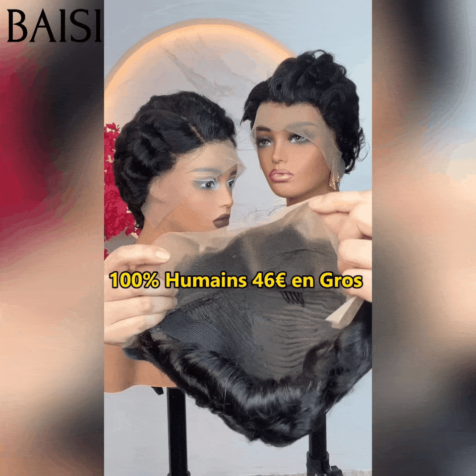 BAISI Achetez 2 perruques minimum au prix d'usine fournisseur Perruque noir pixie 13X4 lace finger wave NOIR 100% Cheveux Humains ( pas besoin de code)