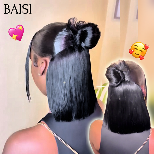 BAISI Moitié Prix Perruques Coiffure Chignon queue de cheval avec 13x4 Lace Frontale 10 Pouce en Noir 100% Vietnam Hair en 100% cheveux humains